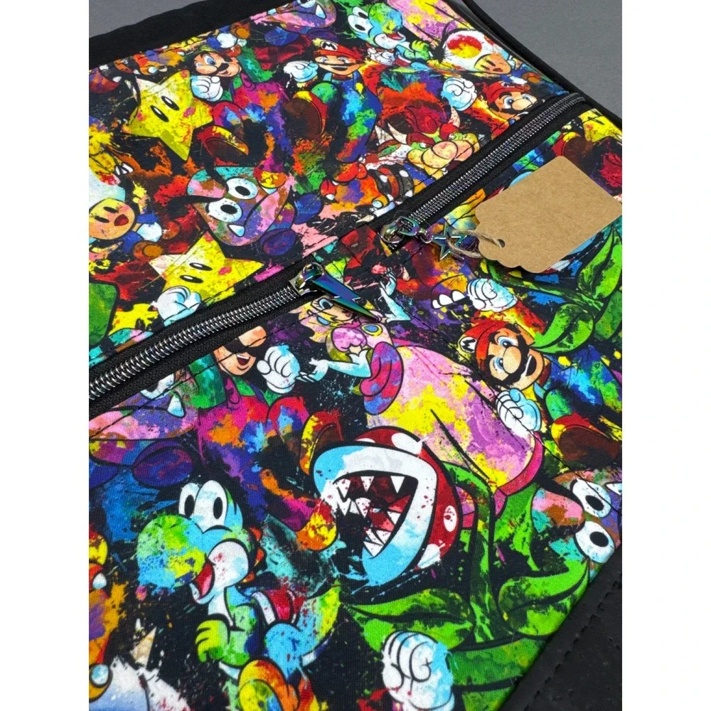 Handmade Super Mario Bros Graffiti Drawstring Backpack Black Cork Bottom 16x13